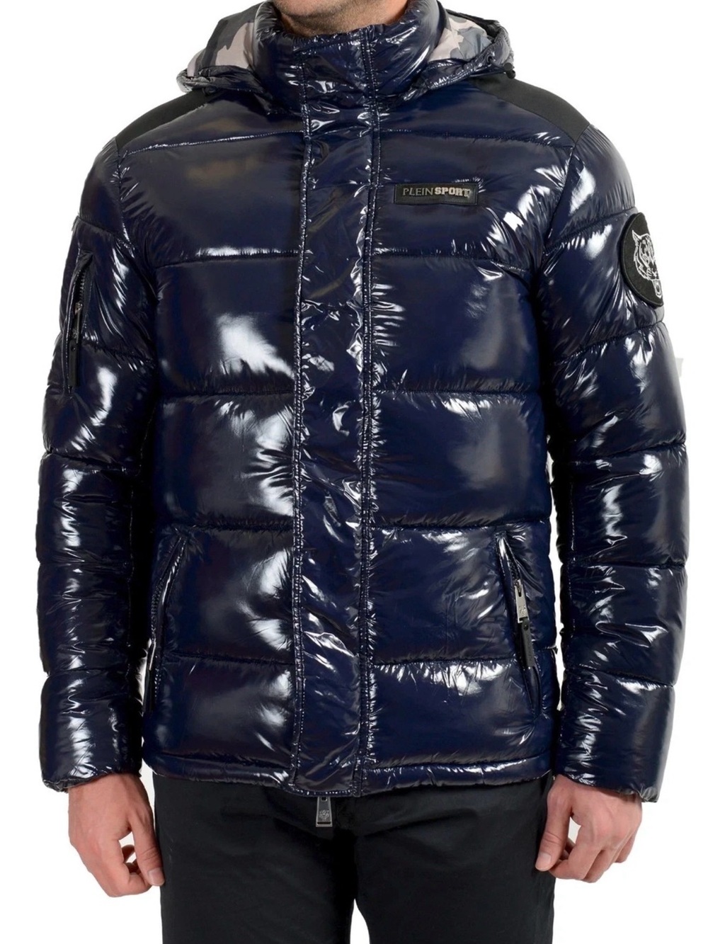 Plein Sport Men’s Glossy Dark Blue Quilted Hooded Puffer Jacket